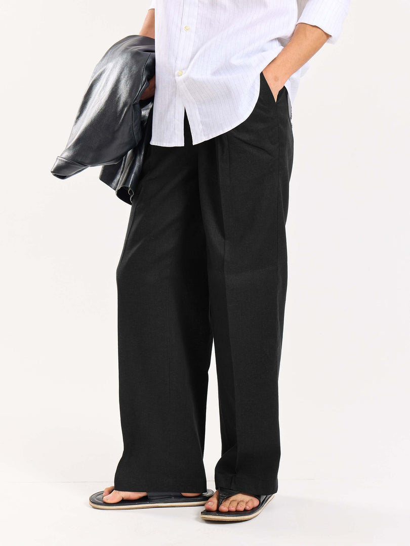 Black Linen Baggy Fit Trousers