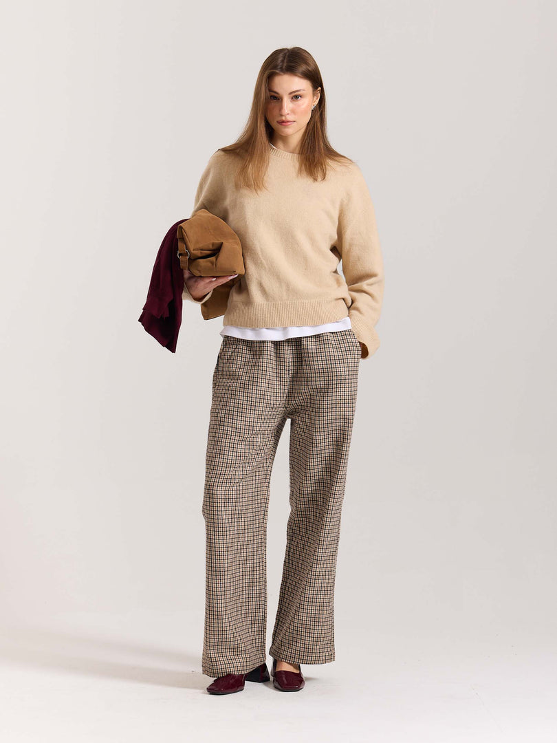 Beige Checkered Woolen Pants