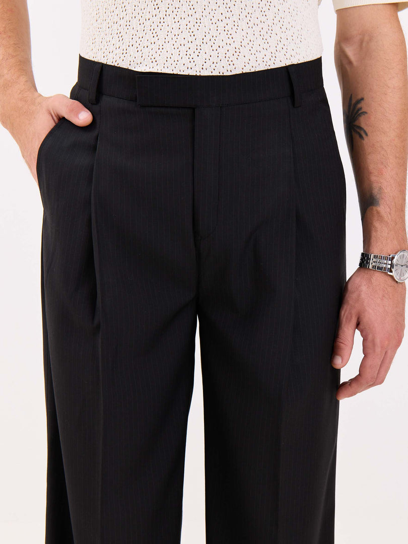 Black Pinstriped Baggy Fit Trousers