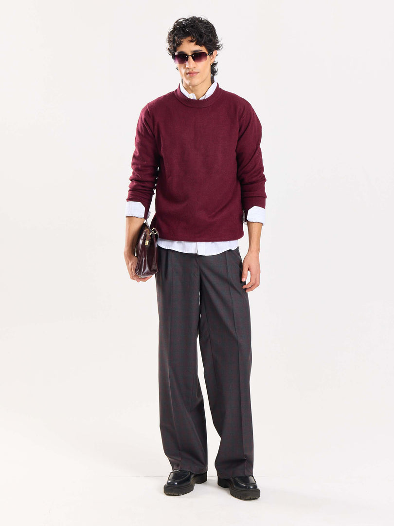 Burgundy & Grey Checked Baggy Fit Trousers