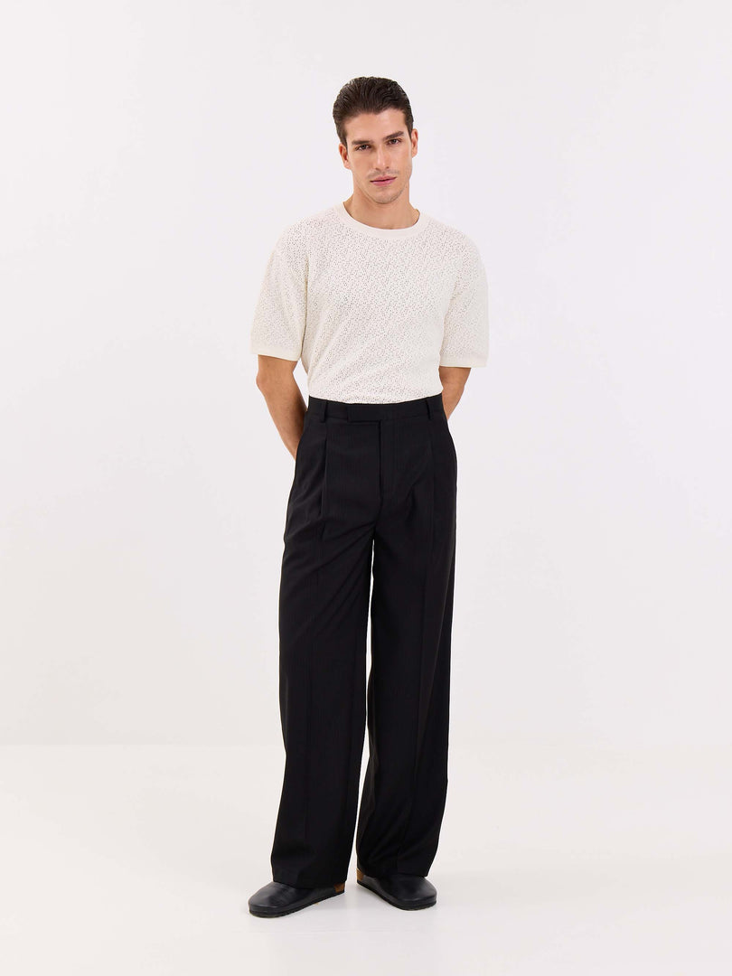 Black Pinstriped Baggy Fit Trousers