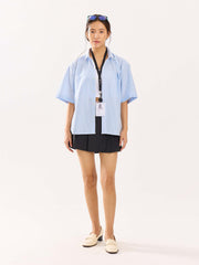 Blue Striped Oversized Cropped Shirt ( Pre-Order )