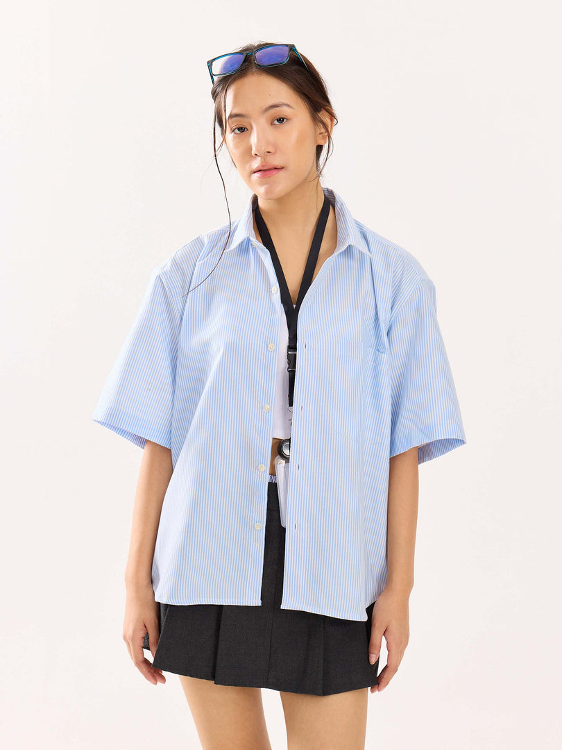 Blue Striped Oversized Cropped Shirt