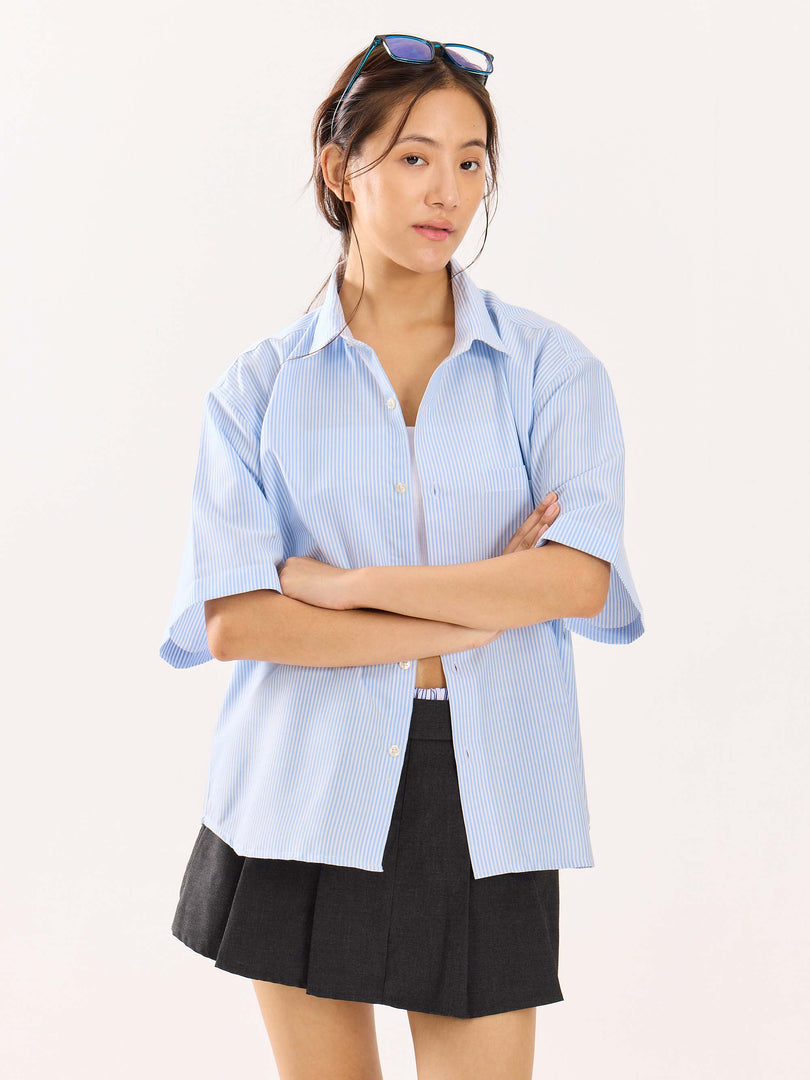 Blue Striped Oversized Cropped Shirt (Pre-Order)