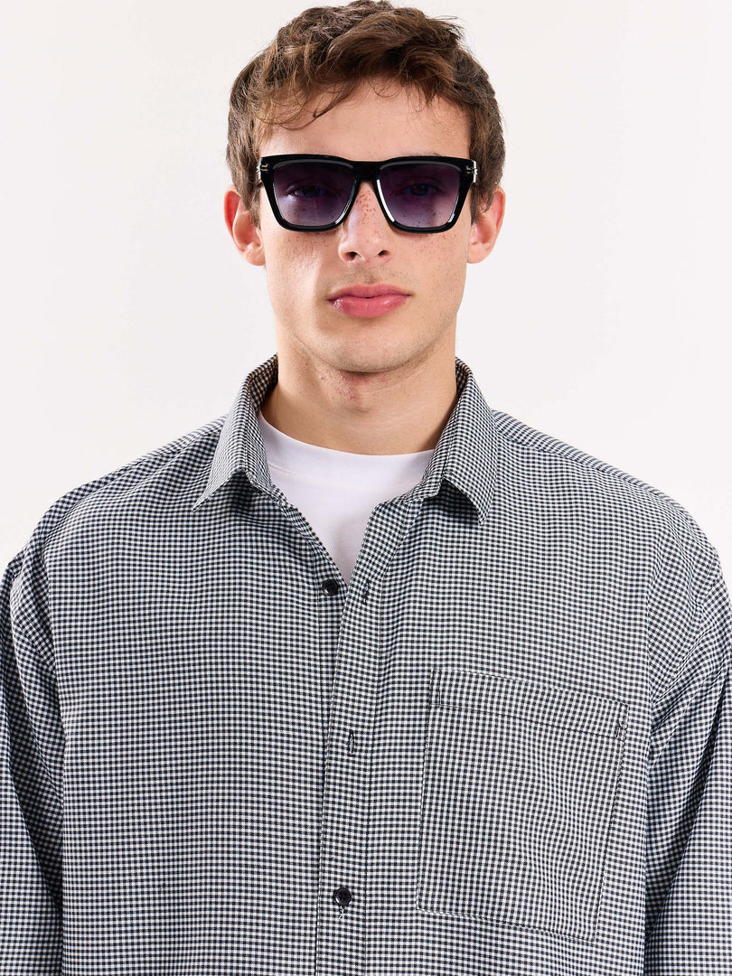 Black Checkered Oversized Cropped Shirt