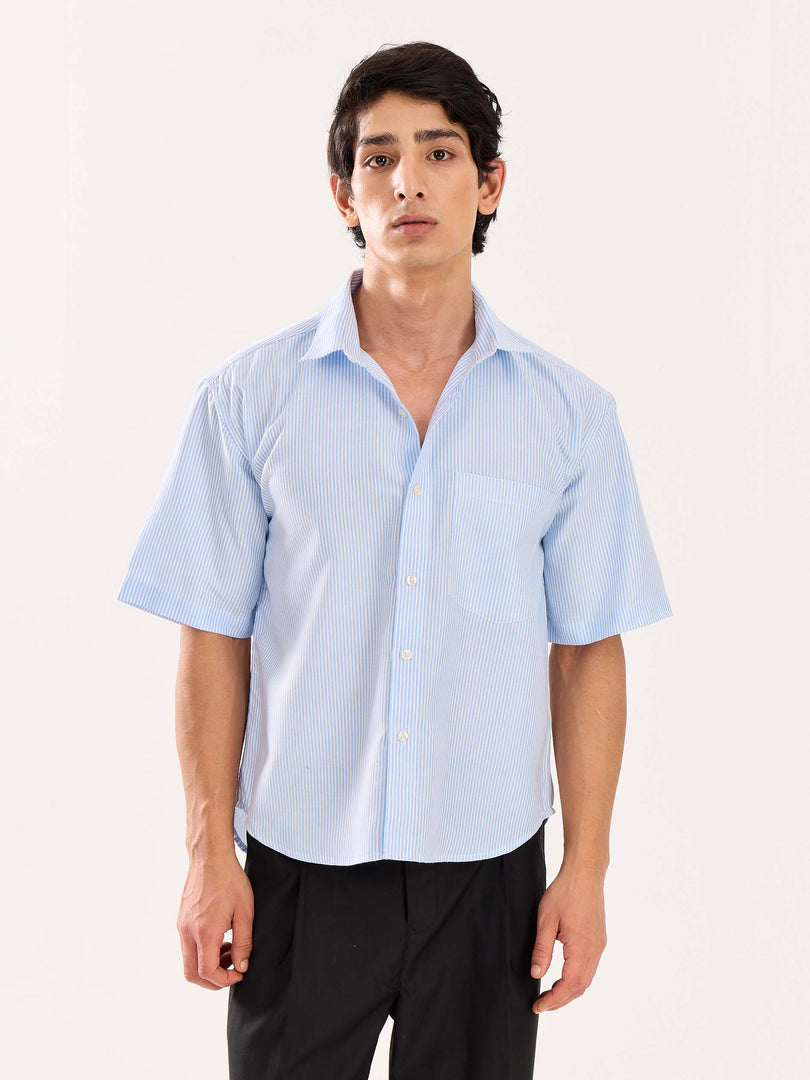 Blue Striped Oversized Cropped Shirt