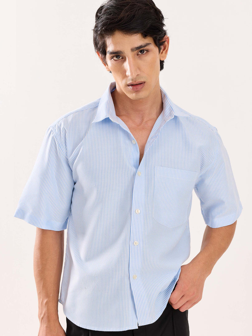 Blue Striped Oversized Cropped Shirt (Pre-Order)