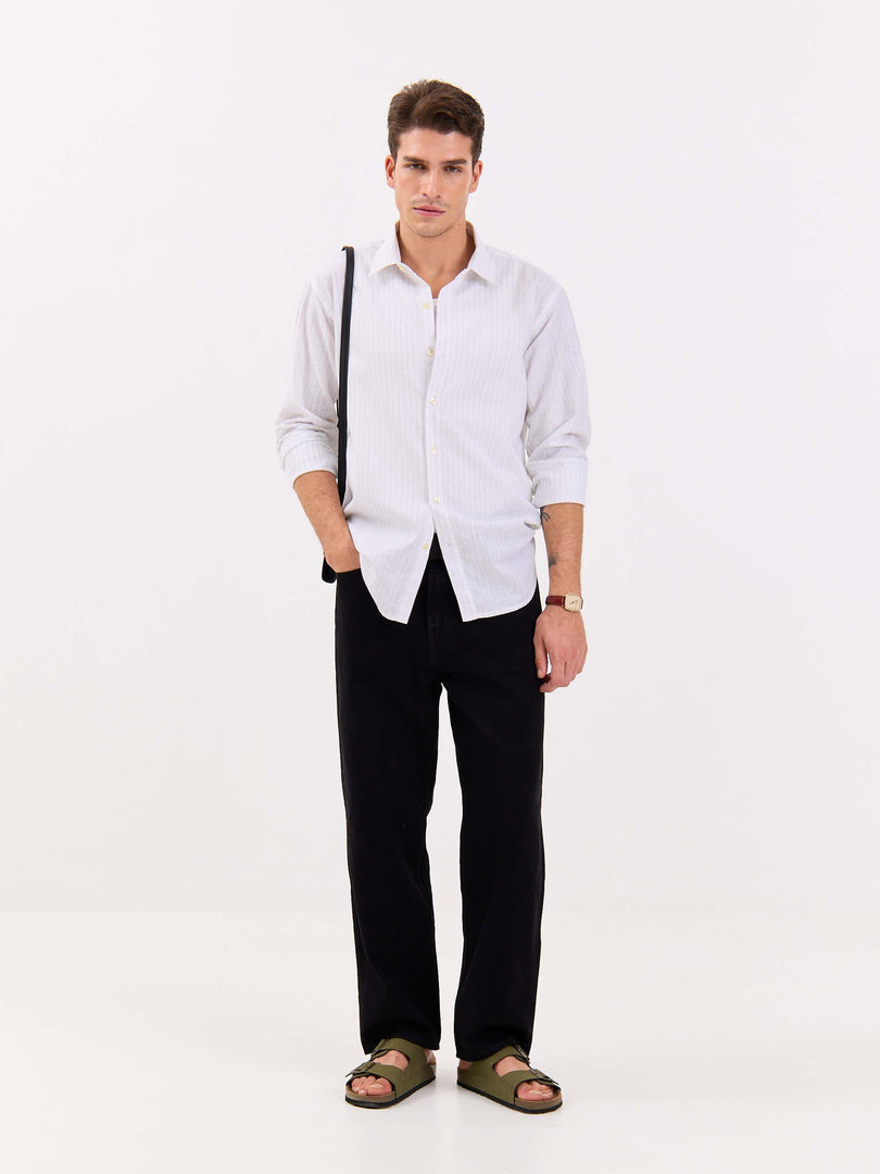 White & Green Striped Linen-blend Shirt