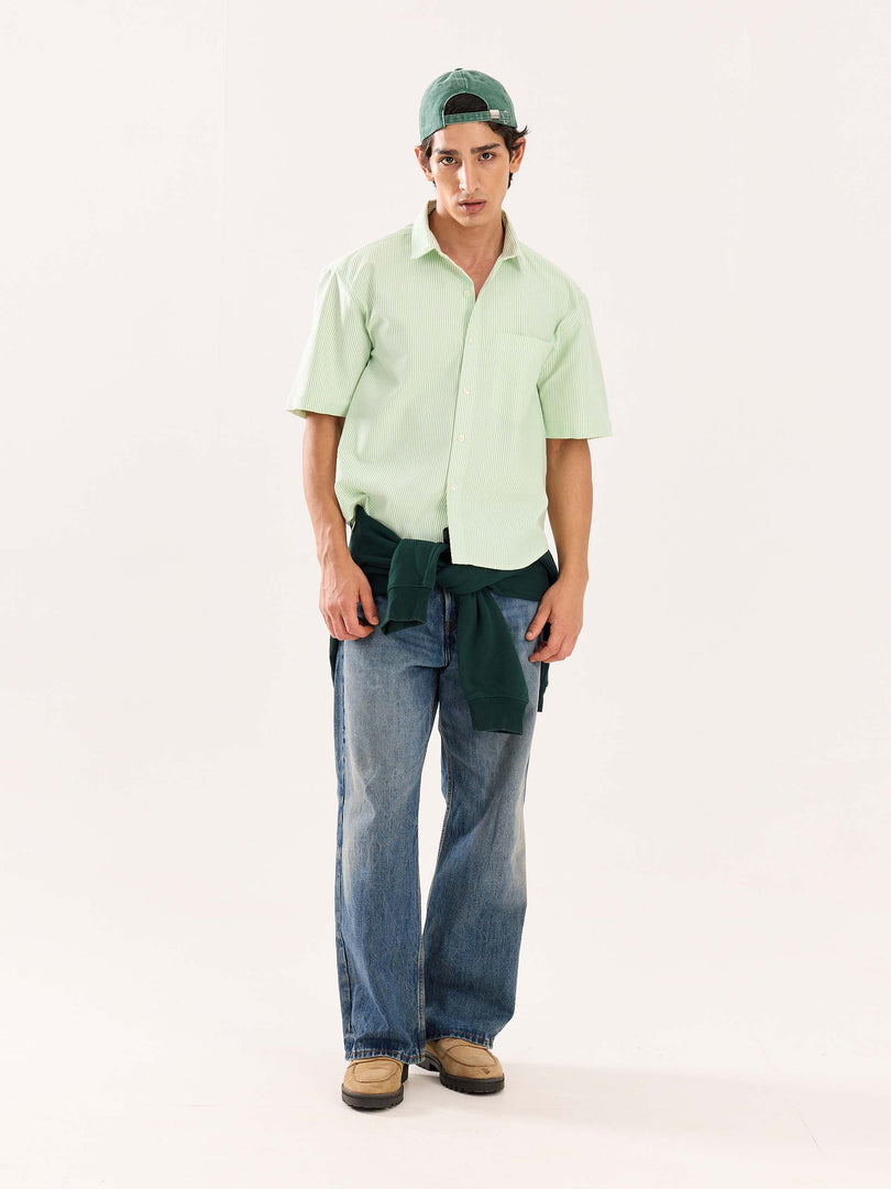 Green Striped Oversized Cropped Shirt (Pre-Order)