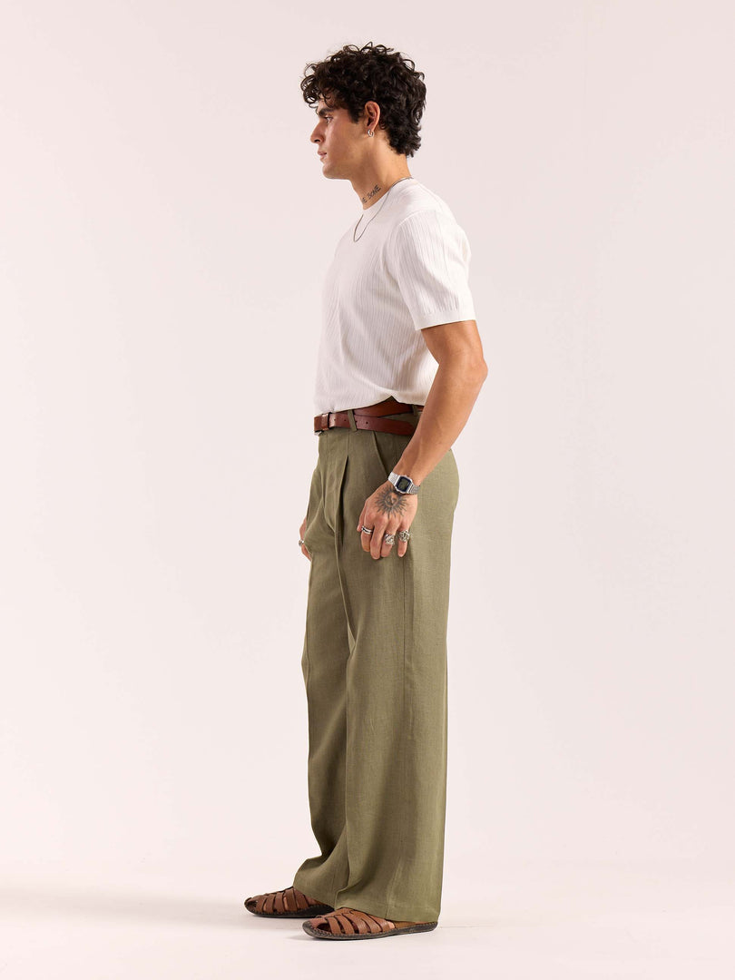 Sage Green Linen Baggy Fit Trousers