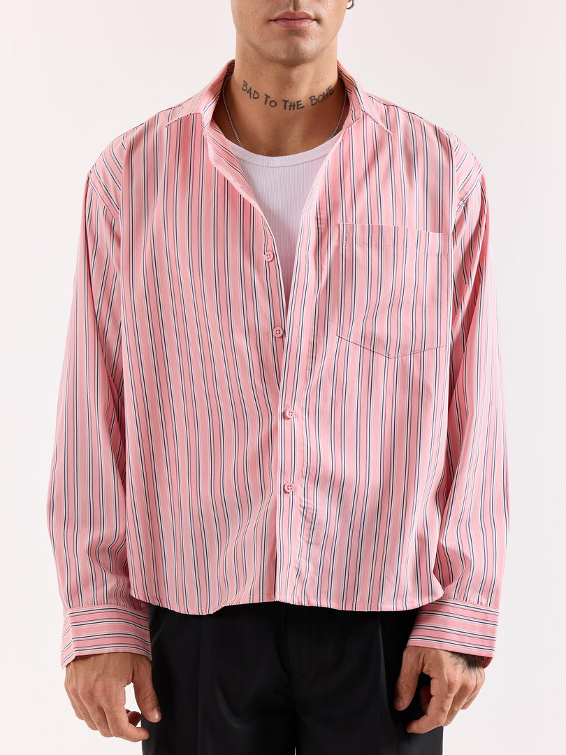 Salmon Pink & Blue Striped Poplin Oversized Shirt