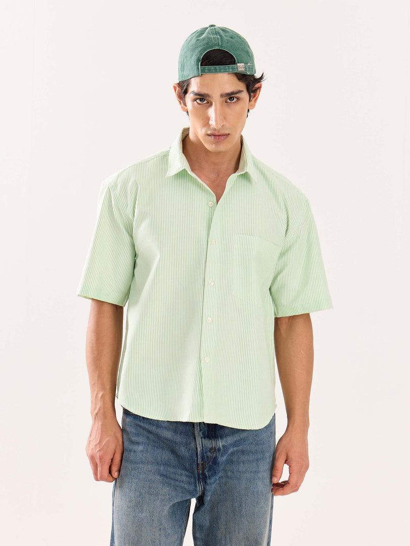 Green Striped Oversized Cropped Shirt (Pre-Order)