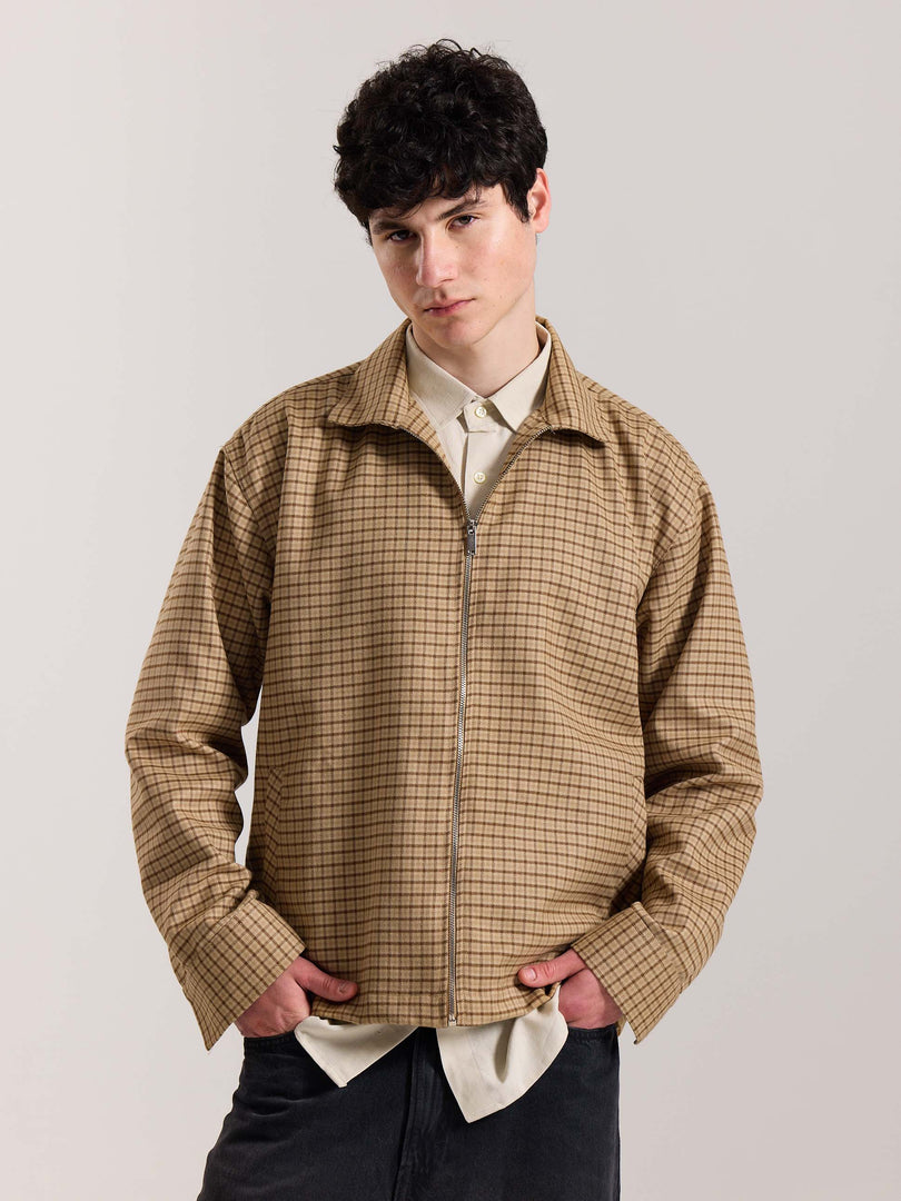 Beige Checkered Tweed Zipper Shacket ( Pre-Order )