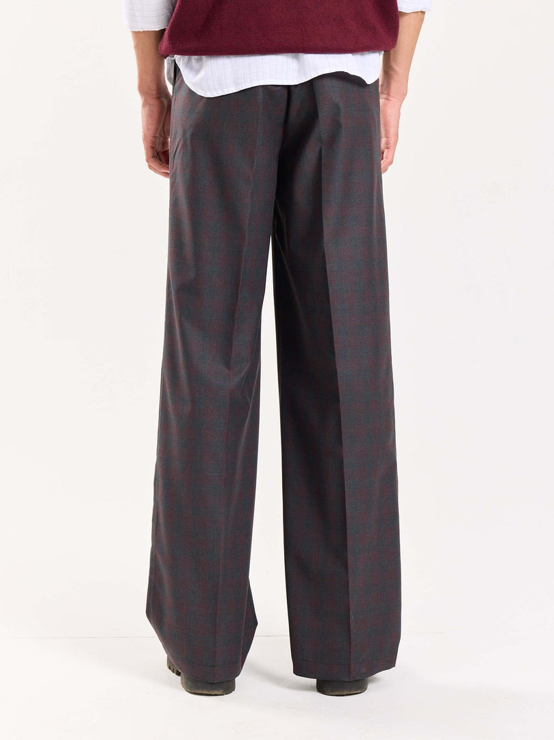 Burgundy & Grey Checked Baggy Fit Trousers