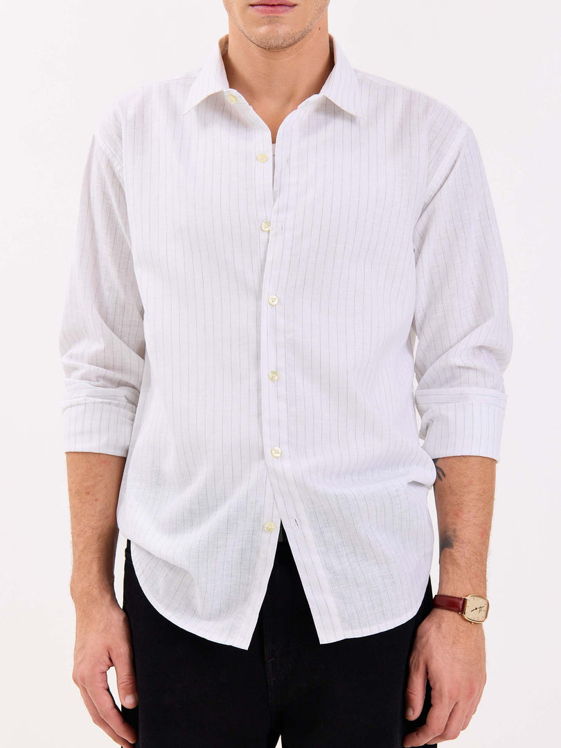 White & Green Striped Linen-blend Shirt