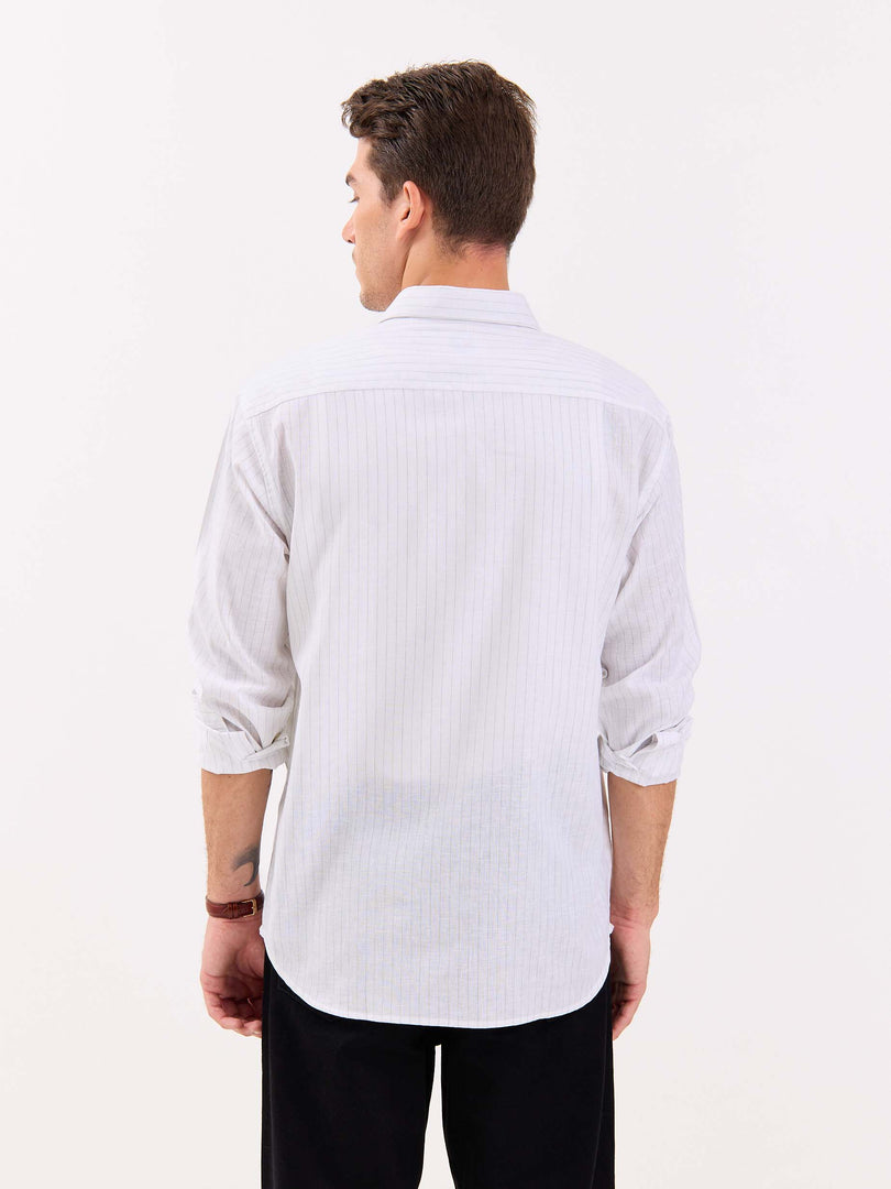 White & Green Striped Linen-blend Shirt