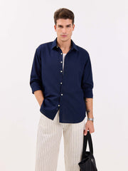 Navy Blue Linen-blend Shirt