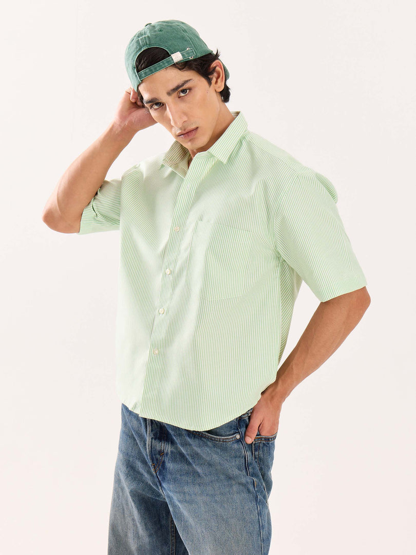 Green Striped Oversized Cropped Shirt (Pre-Order)