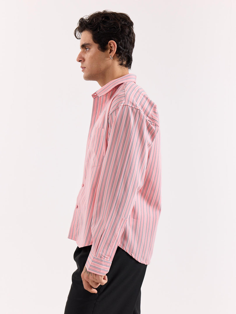 Salmon Pink & Blue Striped Poplin Oversized Shirt