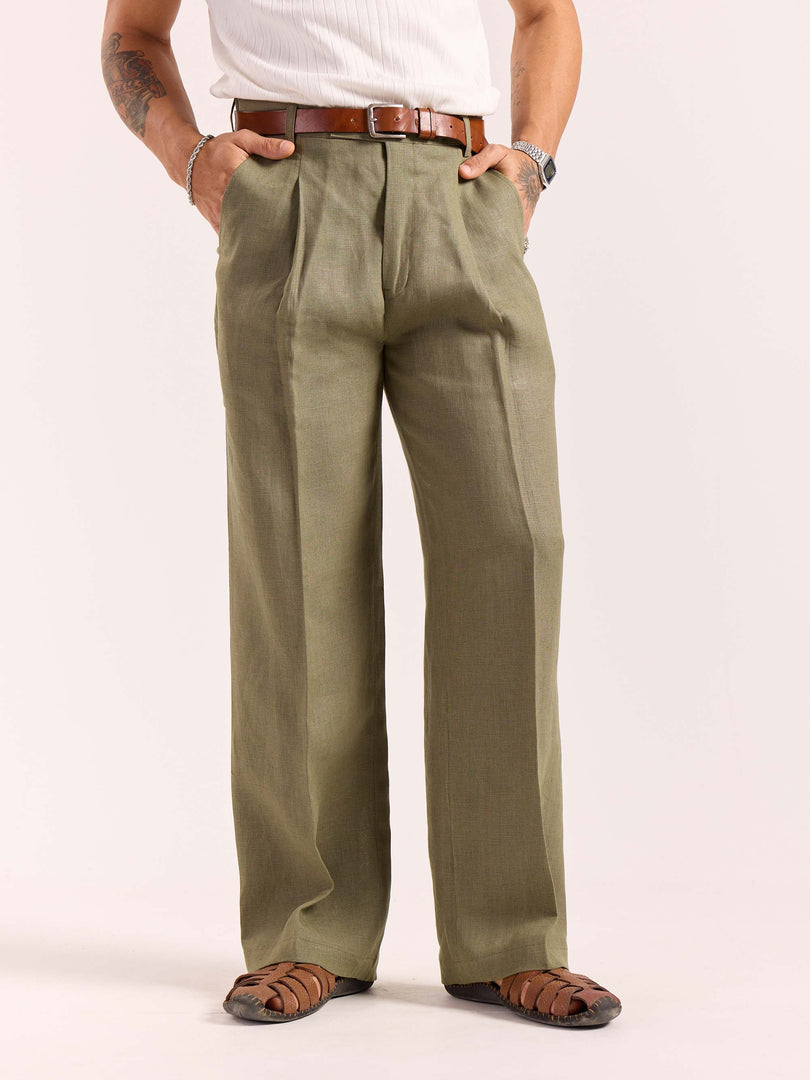 Sage Green Linen Baggy Fit Trousers