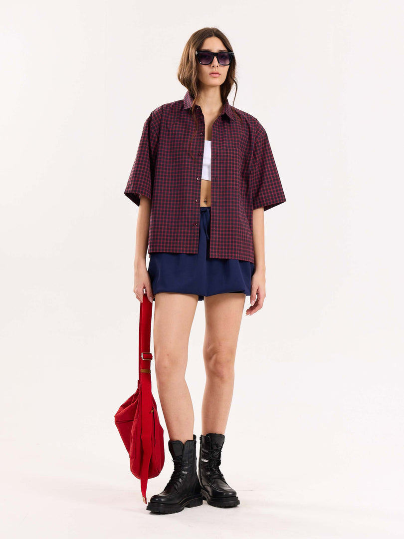 Burgundy & Black Checkered Cropped Shirt