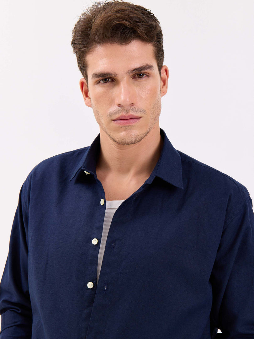 Navy Blue Linen-blend Shirt