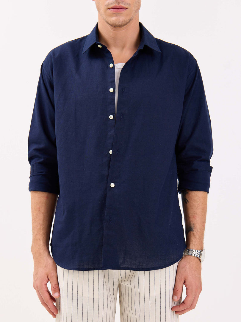 Navy Blue Linen-blend Shirt
