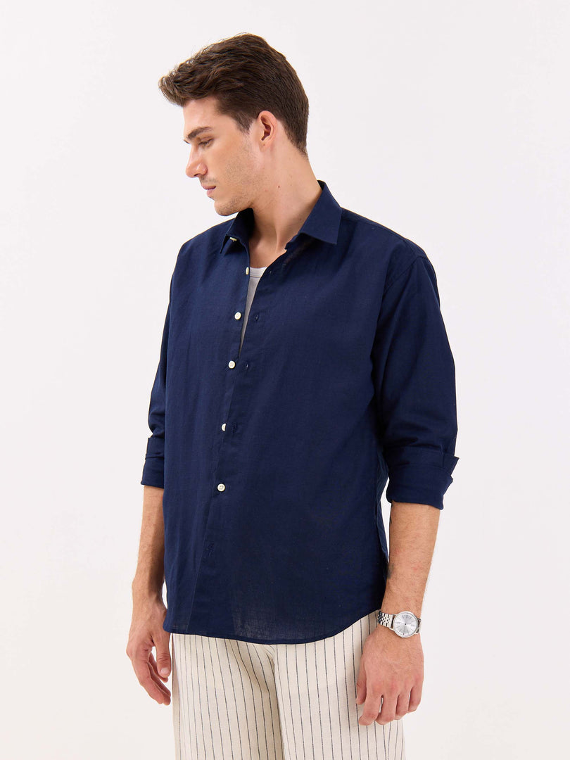 Navy Blue Linen-blend Shirt