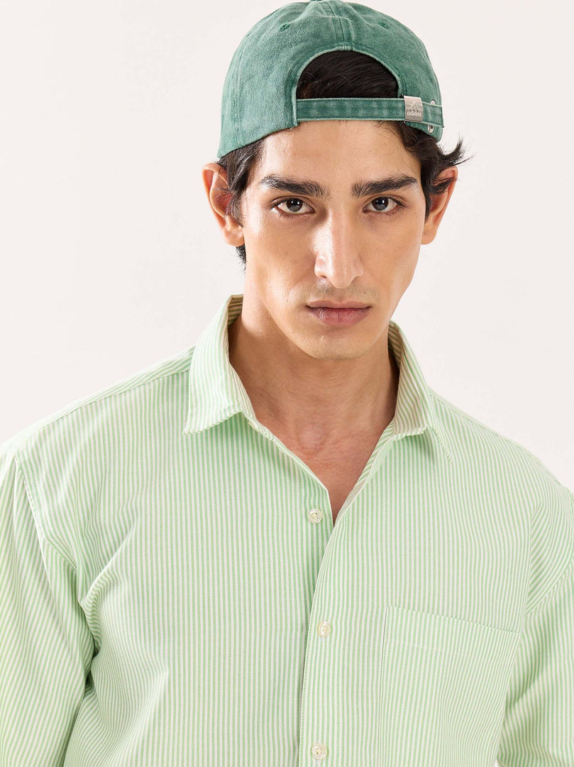 Green Striped Oversized Cropped Shirt (Pre-Order)