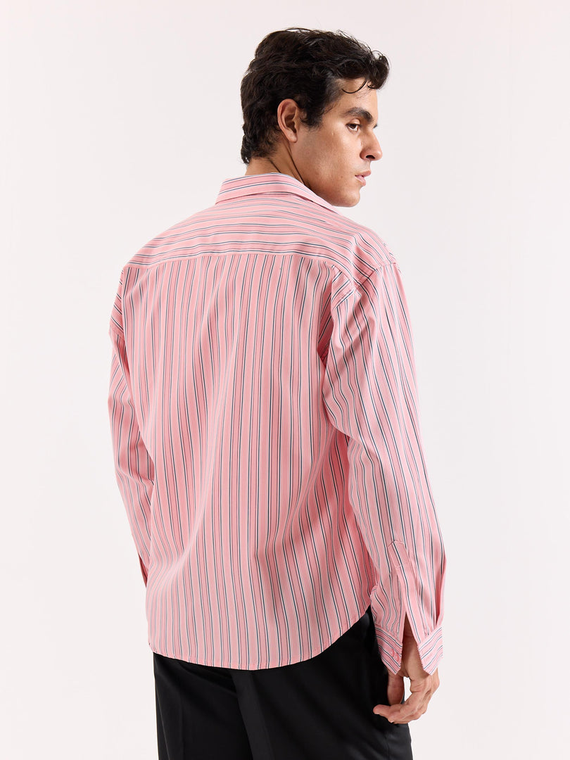 Salmon Pink & Blue Striped Poplin Oversized Shirt