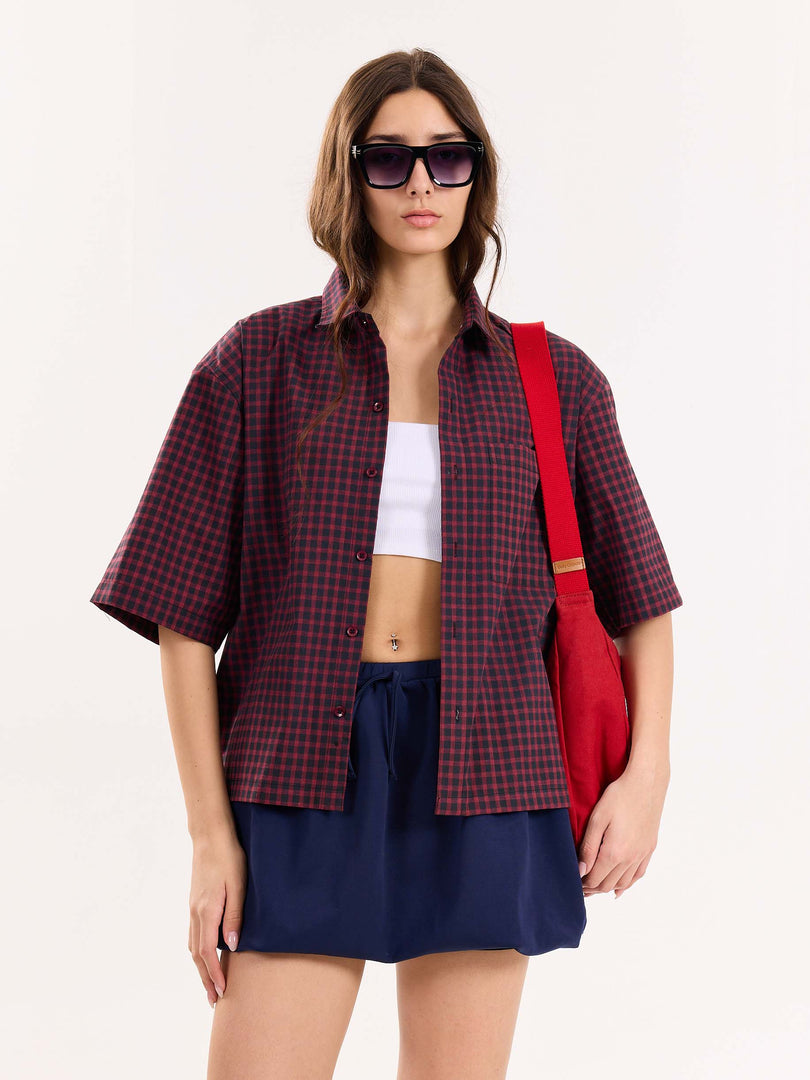 Burgundy & Black Checkered Cropped Shirt
