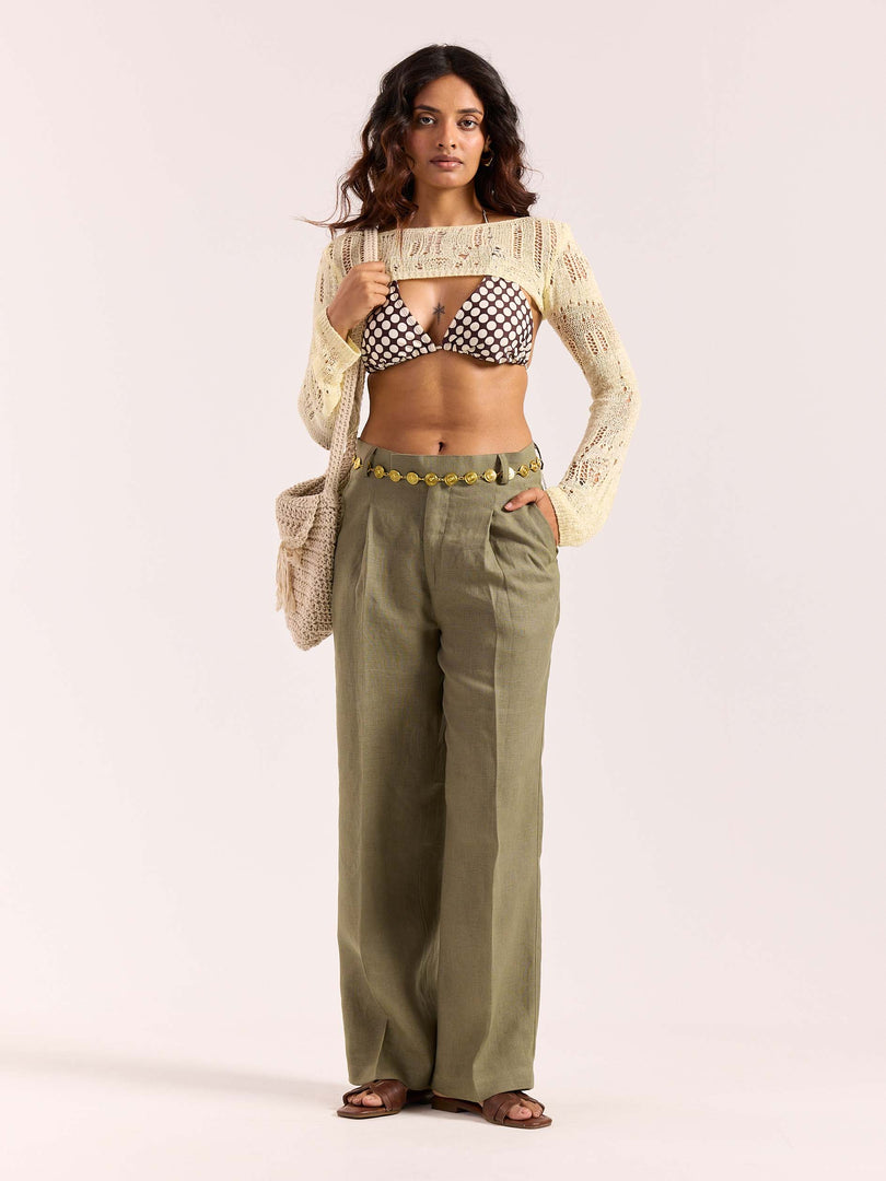 Sage Green Linen Baggy Fit Trousers