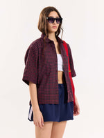 Load image into Gallery viewer, Burgundy &amp; Black Checkered Cropped Shirt