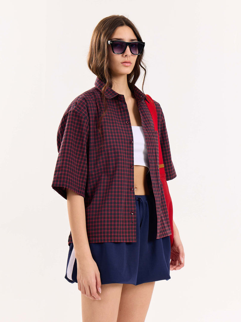Burgundy & Black Checkered Cropped Shirt