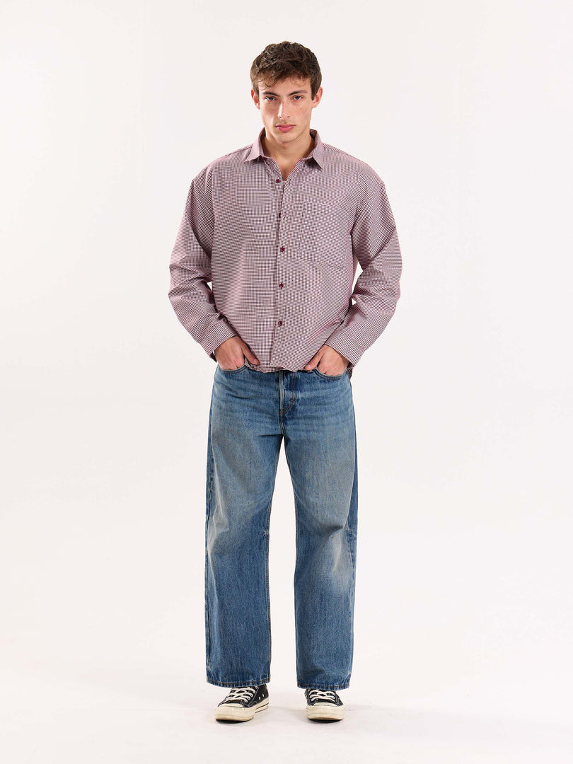 Burgundy Checkered Oversized Cropped Shirt