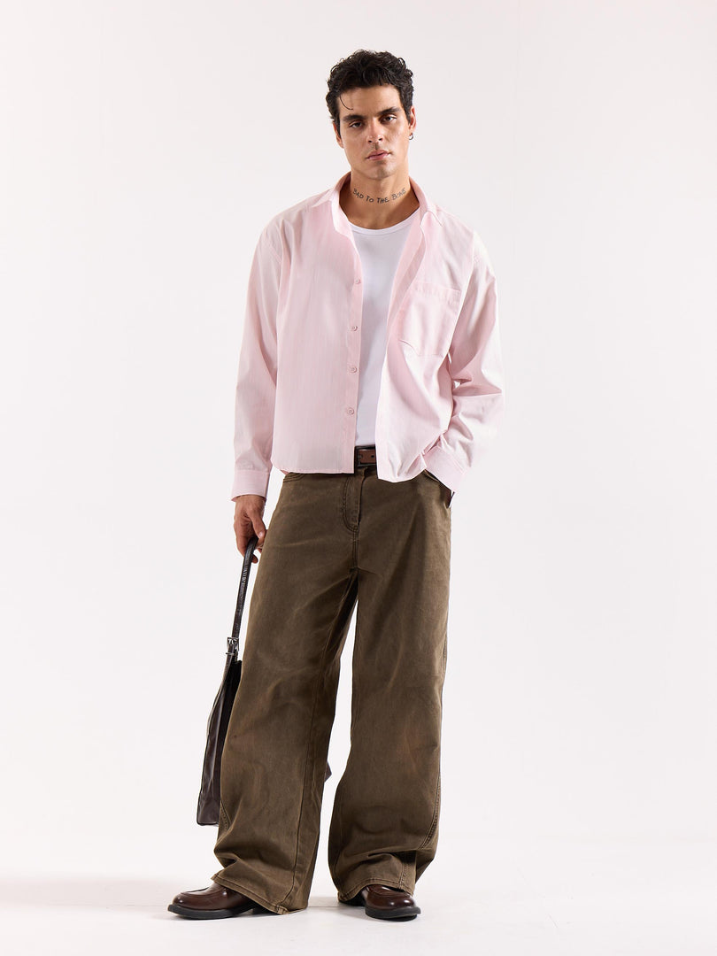 Very Light Pink Striped Poplin Oversized Shirt
