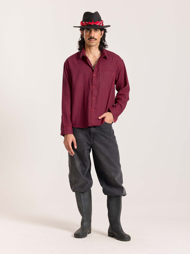 Red & Navy Checkered Oversized Cropped Shirt