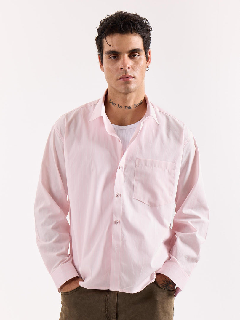 Very Light Pink Striped Poplin Oversized Shirt