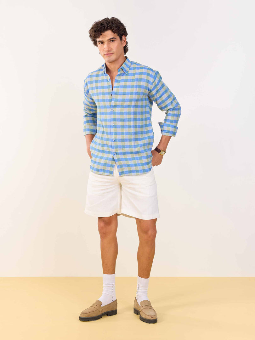 Blue & Green Checked Irish Linen Shirt