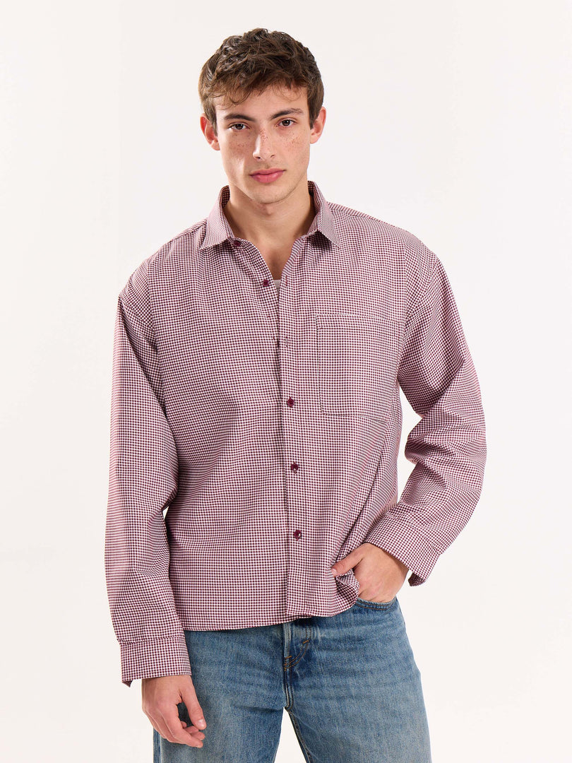 Burgundy Checkered Oversized Cropped Shirt