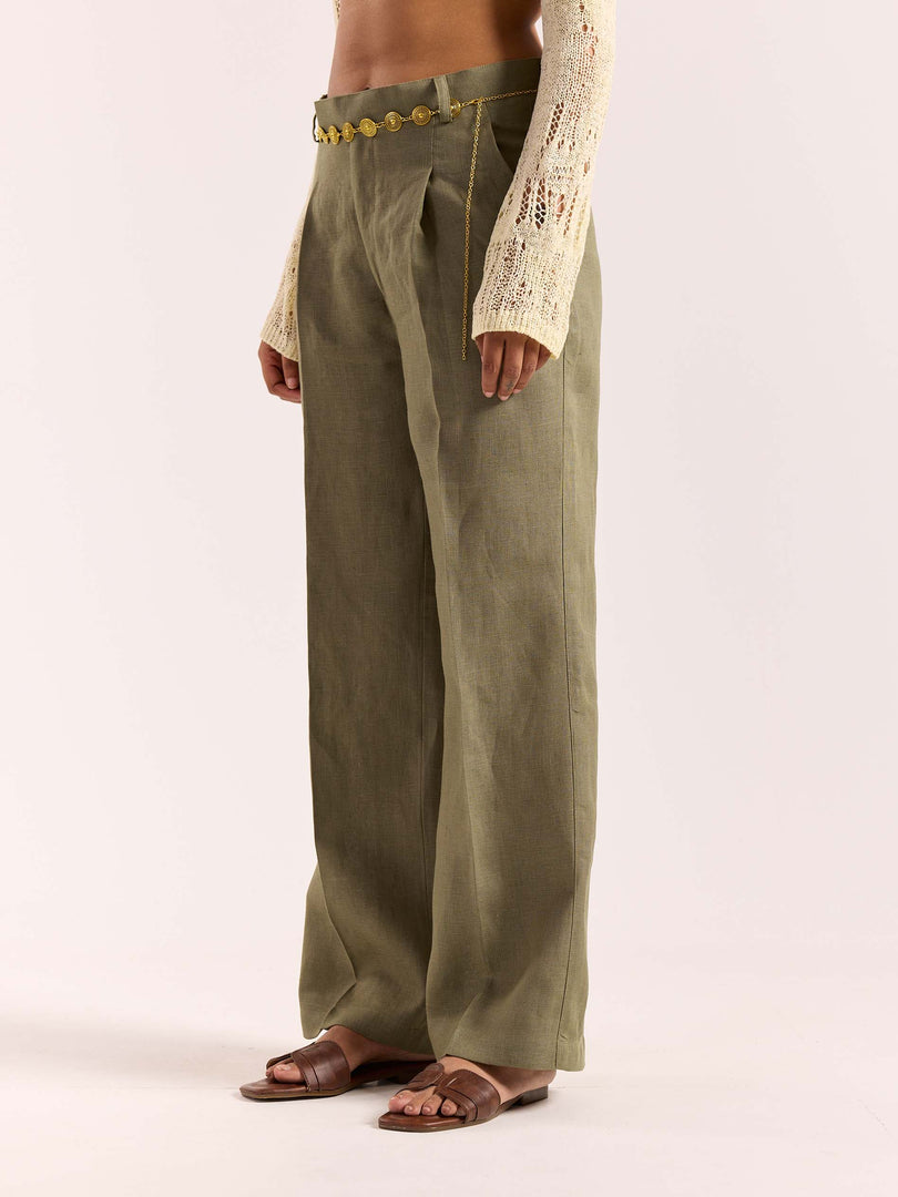 Sage Green Linen Baggy Fit Trousers