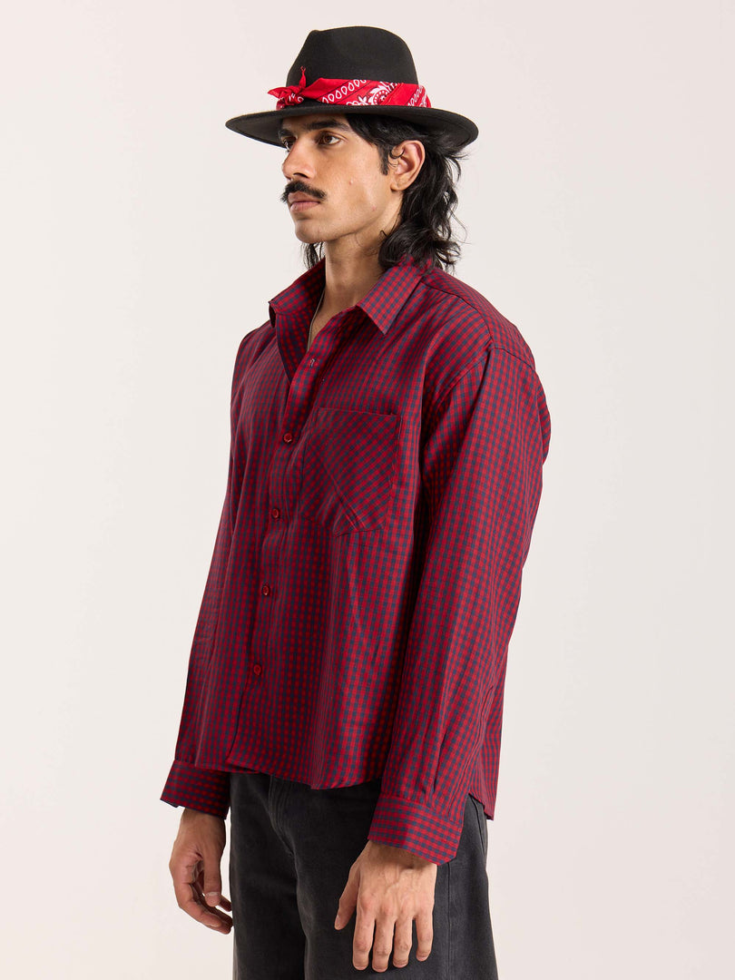 Red & Navy Checkered Oversized Cropped Shirt