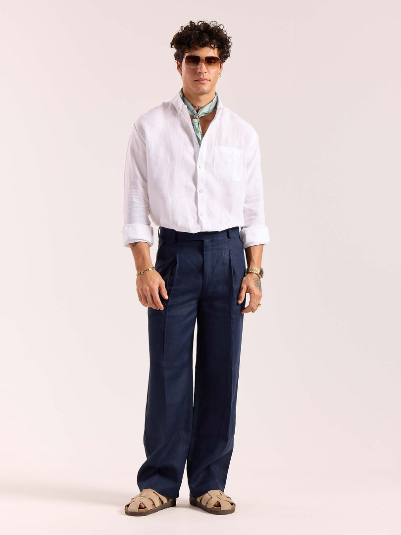 Navy Blue Linen Baggy Fit Trousers