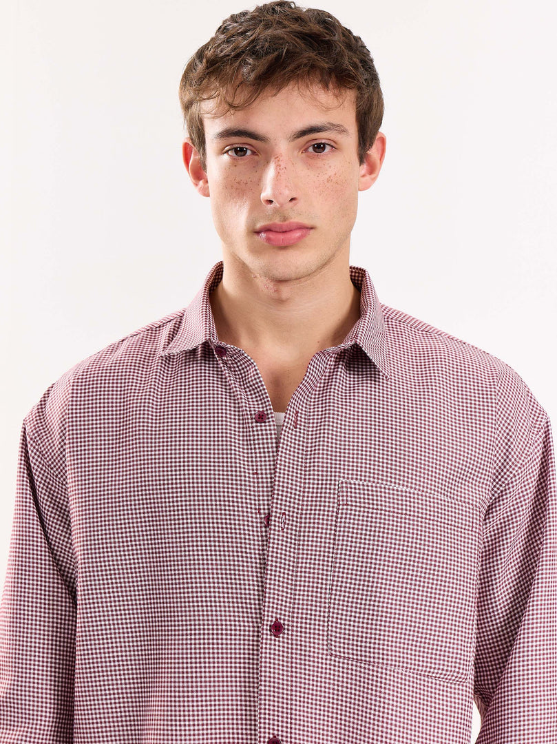 Burgundy Checkered Oversized Cropped Shirt