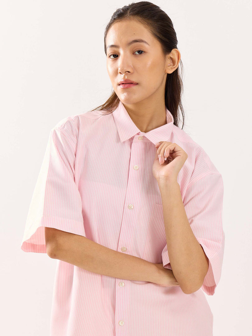 Pink Striped Oversized Cropped Shirt (Pre-Order)