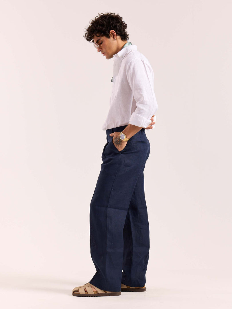 Navy Blue Linen Baggy Fit Trousers