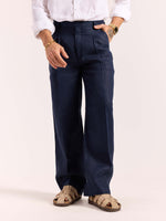 Load image into Gallery viewer, Navy Blue Linen Baggy Fit Trousers