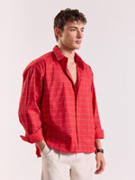Load image into Gallery viewer, Red Checkered Linen Cropped Shirt ( Pre-Order )