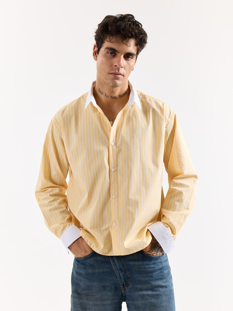Light Yellow Striped Contrast Collar Oversized Shirt