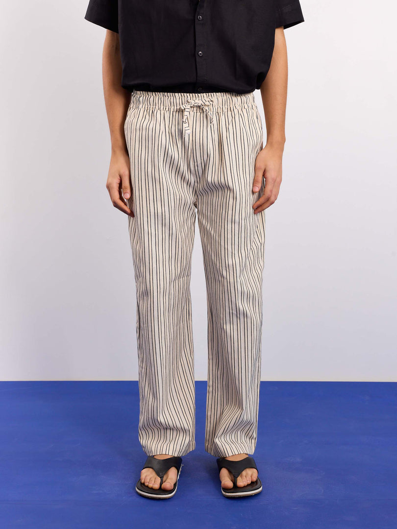 Cream Striped Textured Pull-on Pants